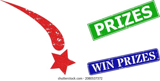 Grunge falling star icon and rectangle rubber Prizes seal stamp. Vector green Prizes and blue Win Prizes imprints with grunge rubber texture, designed for falling star illustration.