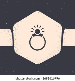 Grunge Fantasy magic stone ring with gem icon isolated on grey background. Monochrome vintage drawing. Vector Illustration