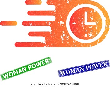 Grunge fast clock icon and rectangular rubber Woman Power seal. Vector green Woman Power and blue Woman Power imprints with unclean rubber texture, designed for fast clock illustration.