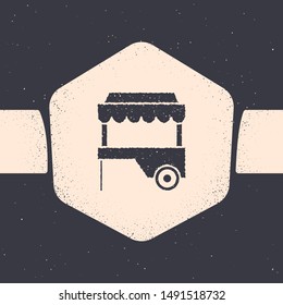 Grunge Fast street food cart with awning icon isolated on grey background. Urban kiosk. Monochrome vintage drawing. Vector Illustration