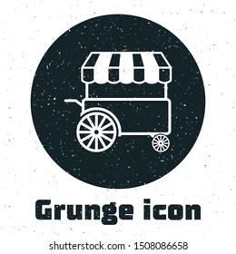 Grunge Fast street food cart with awning icon isolated on white background. Urban kiosk.  Vector Illustration
