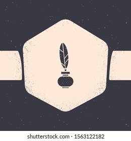 Grunge Feather and inkwell icon isolated on grey background. Monochrome vintage drawing. Vector Illustration