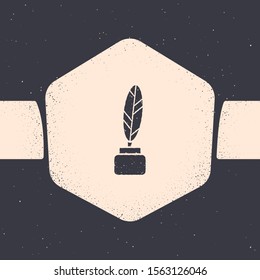 Grunge Feather and inkwell icon isolated on grey background. Monochrome vintage drawing. Vector Illustration