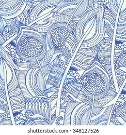 Grunge feather retro background, hand drawn doodle pattern in vector.