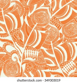 Grunge feather retro background, hand drawn doodle pattern in vector.