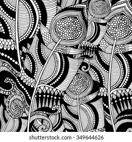 Grunge feather retro background, hand drawn doodle pattern in vector.