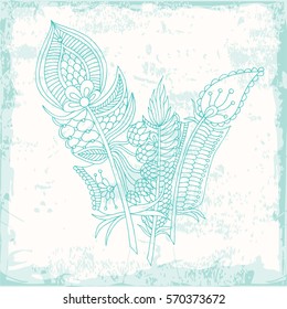 Grunge feather retro background, hand drawn doodle pattern in vector.