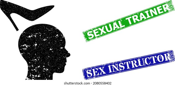 Icono de dominación femenina gruesa y sello del entrenador sexual de goma rectangular. Entrenador sexual verde vectorial y precintos de instructor sexual azul con textura de caucho impura,