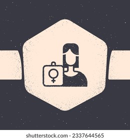 Grunge Female movement, feminist activist with banner and placards icon isolated on grey background. Feminist rights movement, feminism sisterhood. Monochrome vintage drawing. Vector