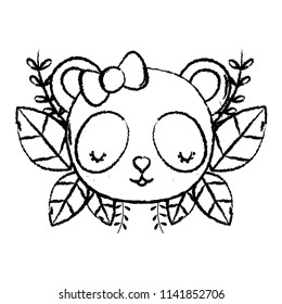 grunge female panda head with exotic branches and leaves