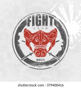 Grunge Fight club emblem with samurai half mask and katanas