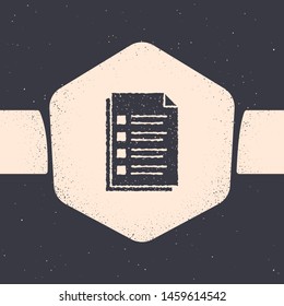 Grunge File document icon isolated on grey background. Checklist icon. Business concept. Monochrome vintage drawing. Vector Illustration