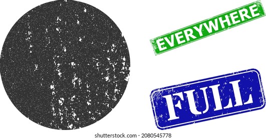 Grunge filled circle icon and rectangle dirty Everywhere stamp. Vector green Everywhere and blue Full imprints with grunge rubber texture, designed for filled circle illustration.