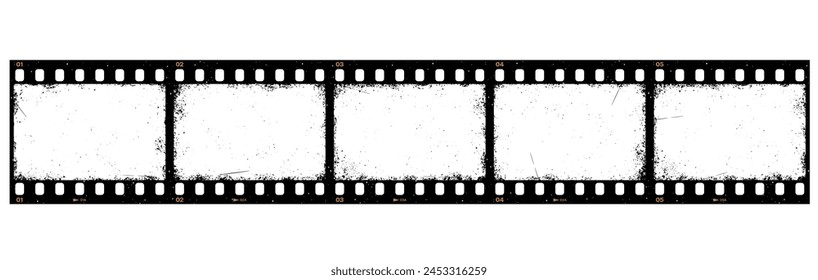 Tira de carrete de película Grunge, tira de película aislada. Marco de diapositiva de Vector de Antiguas con textura granulada sobre fondo blanco. Imagen negativa de la foto o diapositiva del cine con los bordes rayados, Fotografía retro