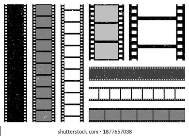 Grunge film strips collection. Old retro cinema movie strip. Video recording. Vector illustration.