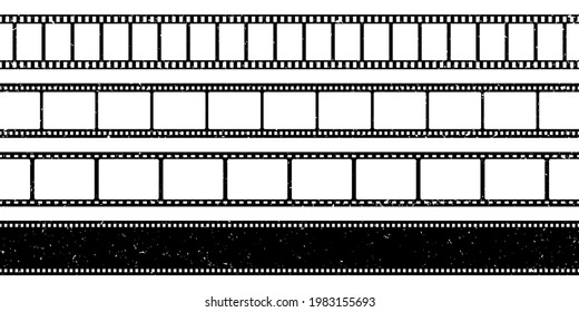 Grunge film strips collection. Old retro cinema movie strip. Video recording. Vector illustration.