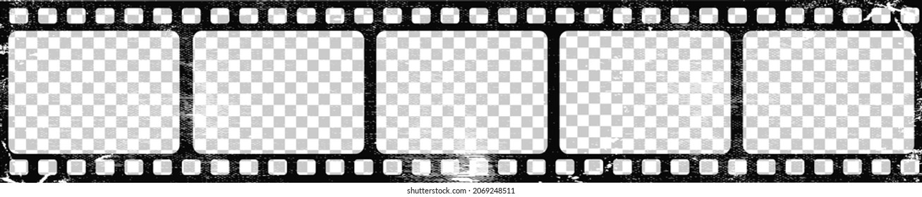 Grunge film strips collection on transparent background. Old retro cinema movie strip. Video recording. Vector illustration.