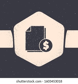 Grunge Finance document icon isolated on grey background. Paper bank document with dollar coin for invoice or bill concept. Monochrome vintage drawing. Vector Illustration