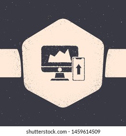 Grunge Financial chart or graph on the computer monitor and mobile phone icon isolated on grey background. Strategy, planning, data, investment. Monochrome vintage drawing. Vector Illustration