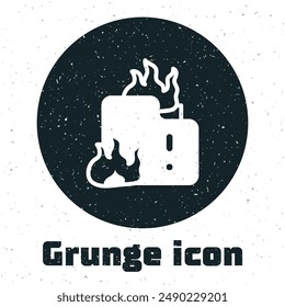Grunge Fire in burning house icon isolated on white background. Monochrome vintage drawing. Vector