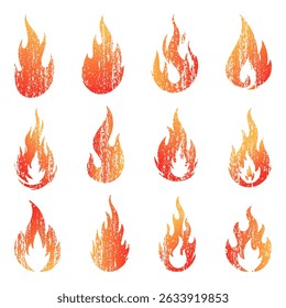 Grunge fire flame icon set in red and orange gradient. Vintage textured vector collection for labels, stickers, warning signs, and design elements on white background.