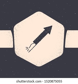 Grunge Firework rocket icon isolated on grey background. Concept of fun party. Explosive pyrotechnic symbol. Monochrome vintage drawing. Vector Illustration