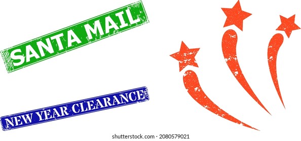 Grunge Feuerwerk Symbol und Rechteck Gummi Santa Mail Siegel Stempel. Vektor-grüne Santa Mail und blaue Silvester Clearance-Siegel mit gekratzter Kautschukstruktur, die für Feuerwerkskörper-Illustration konzipiert sind.