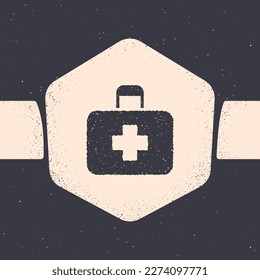 Grunge First aid kit icon isolated on grey background. Medical box with cross. Medical equipment for emergency. Healthcare concept. Monochrome vintage drawing. Vector Illustration