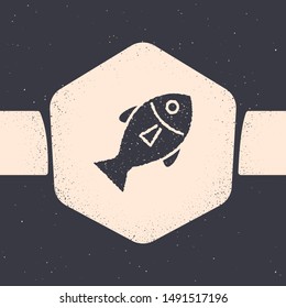 Grunge Fish icon isolated on grey background. Monochrome vintage drawing. Vector Illustration