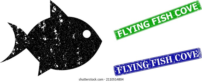 Grunge fish icon and rectangle rubber Flying Fish Cove seal stamp. Vector green Flying Fish Cove and blue Flying Fish Cove watermarks with distress rubber texture, designed for seafood illustration.