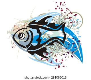 Grunge fish splashes with floral elements and blood drops