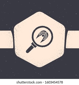 Grunge Fish steak in frying pan icon isolated on grey background. Monochrome vintage drawing. Vector Illustration