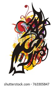 Grunge fish symbol with colorful elements. Abstract fantastic linear fish with the color patterns isolated on a white background