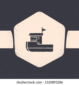 Grunge Fishing boat icon isolated on grey background. Monochrome vintage drawing. Vector Illustration