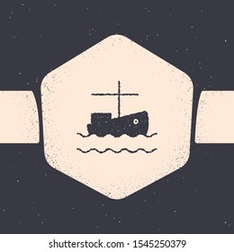 Grunge Fishing boat on water icon isolated on grey background. Monochrome vintage drawing. Vector Illustration