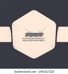 Grunge Fishing boat with fishing rod on water icon isolated on grey background. Monochrome vintage drawing. Vector Illustration