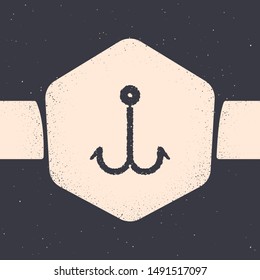 Grunge Fishing hook icon isolated on grey background. Fishing tackle. Monochrome vintage drawing. Vector Illustration