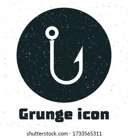 Grunge Fishing hook icon isolated on white background. Fishing tackle. Monochrome vintage drawing. Vector Illustration