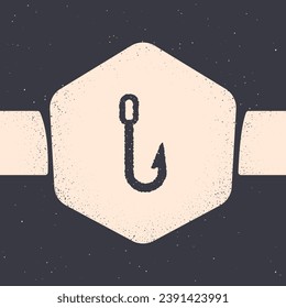 Grunge Fishing hook icon isolated on grey background. Fishing tackle. Monochrome vintage drawing. Vector Illustration