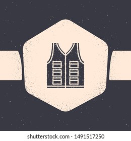 Grunge Fishing jacket icon isolated on grey background. Fishing vest. Monochrome vintage drawing. Vector Illustration