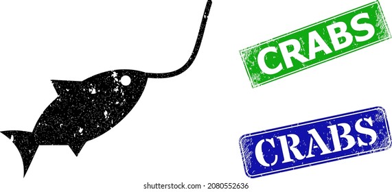 Grunge fishing rope icon and rectangular dirty Crabs seal. Vector green Crabs and blue Crabs watermarks with grunge rubber texture, designed for fishing rope illustration.