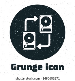 Grunge A fixed data storage device hard disk with arrows, data copy icon isolated on white background. Data exchange with hard disk drive.  Vector Illustration