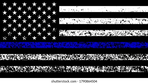 Grunge flag USA with police support symbol, Thin Blue Line