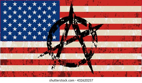 Grunge flag of USA with sign anarchy. Vector image