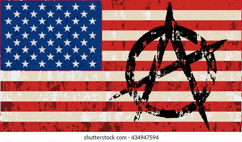 Grunge flag of USA with sign anarchy. Vector image
