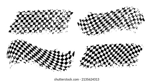 Grunge flags for race with checker pattern set vector illustration. Abstract retro grungy motocross rally flags for finish or start, wave checkerboard texture, motorsport emblems isolated on white
