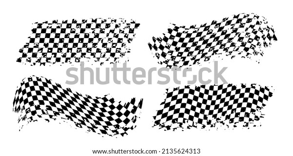 Grunge flags for race with checker pattern set\
vector illustration. Abstract retro grungy motocross rally flags\
for finish or start, wave checkerboard texture, motorsport emblems\
isolated on white