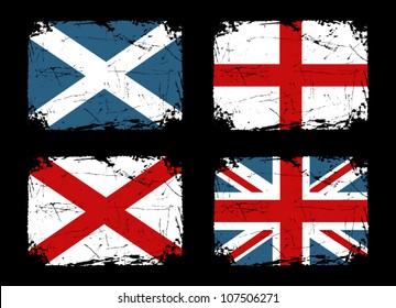 Grunge Flags Of Scotland, England And Ireland And The Union Flag Of The United Kingdom.