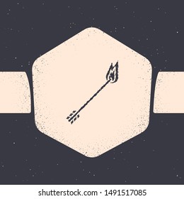 Grunge Flame arrow icon isolated on grey background. Hipster arrow icon. Monochrome vintage drawing. Vector Illustration