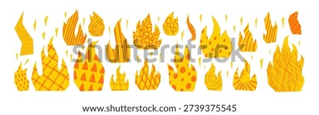 Grunge flame collection with doodle sketches. Fire geometric icons in chalk, pastel, and crayon texture. Perfect collage elements for punk graphics and rough textures. Vector illustration.